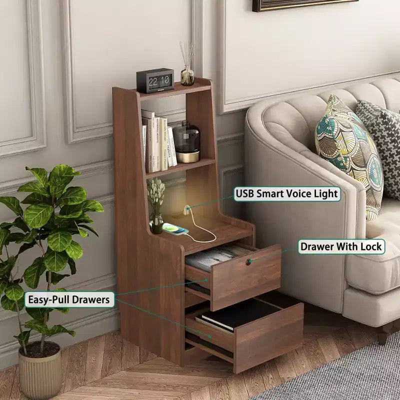 JVNOXK Table de chevet à station de recharge de 15 pouces, table de nuit intelligente avec étagère, compartiment de rangement, fonction verrouillable, finition bois verrouillable