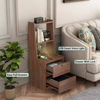 JVNOXK Table de chevet à station de recharge de 15 pouces, table de nuit intelligente avec étagère, compartiment de rangement, fonction verrouillable, finition bois verrouillable