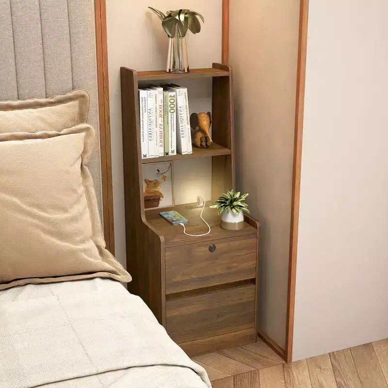 JVNOXK Table de chevet à station de recharge de 15 pouces, table de nuit intelligente avec étagère, compartiment de rangement, fonction verrouillable, finition bois verrouillable