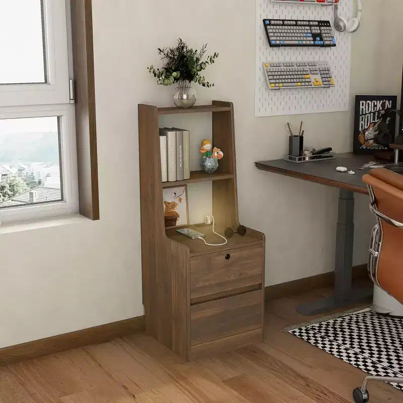 JVNOXK Table de chevet à station de recharge de 15 pouces, table de nuit intelligente avec étagère, compartiment de rangement, fonction verrouillable, finition bois verrouillable