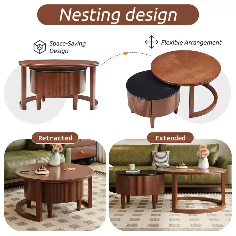 Tables basses gigognes rondes, de style rétro avec rainures et tiroir, pour chambre, salon, salle à manger