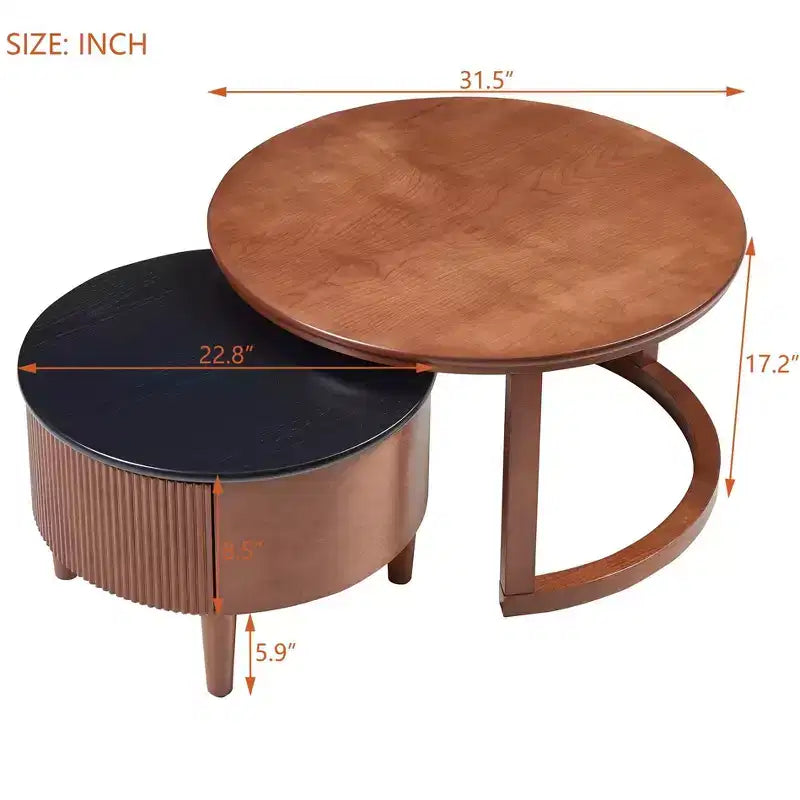 Tables basses gigognes rondes, de style rétro avec rainures et tiroir, pour chambre, salon, salle à manger