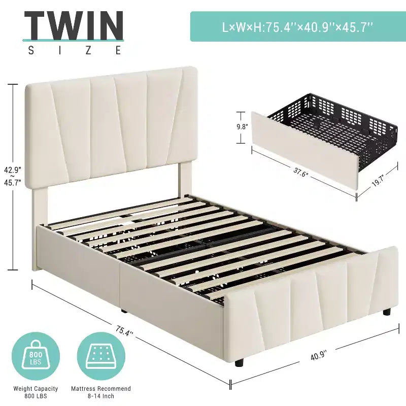 COZONY Cadre de lit double avec tête de lit réglable et 2 tiroirs de rangement, lit plateforme rembourré en velours capitonné, sommier tapissier non requis, beige