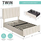COZONY Cadre de lit double avec tête de lit réglable et 2 tiroirs de rangement, lit plateforme rembourré en velours capitonné, sommier tapissier non requis, beige