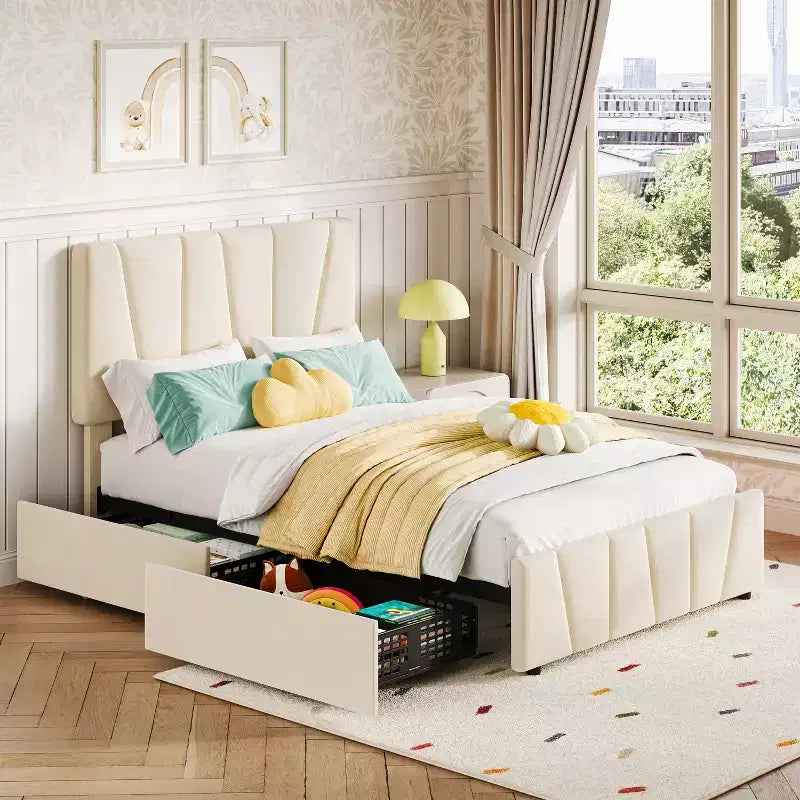 COZONY Cadre de lit double avec tête de lit réglable et 2 tiroirs de rangement, lit plateforme rembourré en velours capitonné, sommier tapissier non requis, beige