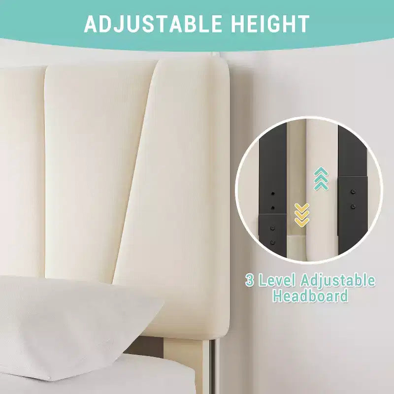 COZONY Cadre de lit double avec tête de lit réglable et 2 tiroirs de rangement, lit plateforme rembourré en velours capitonné, sommier tapissier non requis, beige