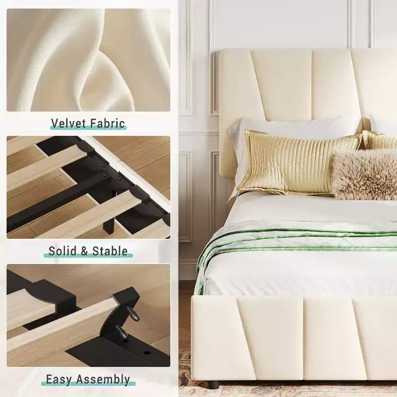 COZONY Cadre de lit double avec tête de lit réglable et 2 tiroirs de rangement, lit plateforme rembourré en velours capitonné, sommier tapissier non requis, beige