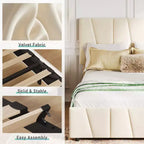COZONY Cadre de lit double avec tête de lit réglable et 2 tiroirs de rangement, lit plateforme rembourré en velours capitonné, sommier tapissier non requis, beige