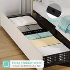 COZONY Cadre de lit double avec tête de lit réglable et 2 tiroirs de rangement, lit plateforme rembourré en velours capitonné, sommier tapissier non requis, beige