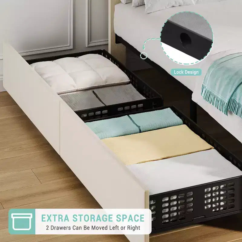 COZONY Cadre de lit double avec tête de lit réglable et 2 tiroirs de rangement, lit plateforme rembourré en velours capitonné, sommier tapissier non requis, beige