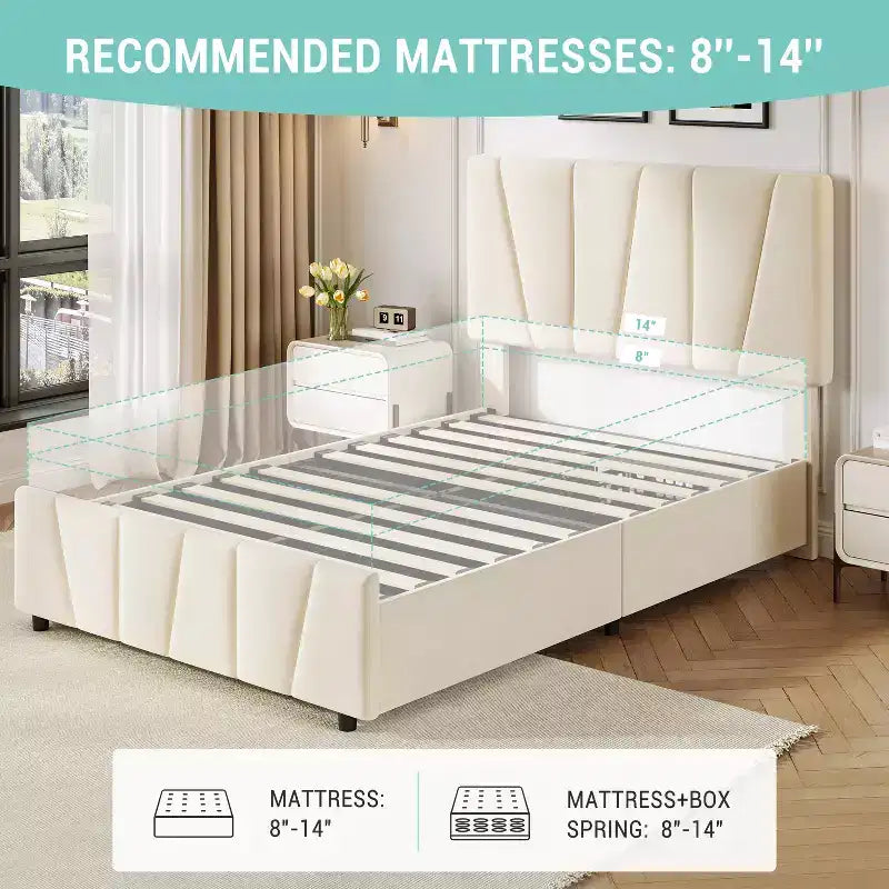 COZONY Cadre de lit double avec tête de lit réglable et 2 tiroirs de rangement, lit plateforme rembourré en velours capitonné, sommier tapissier non requis, beige
