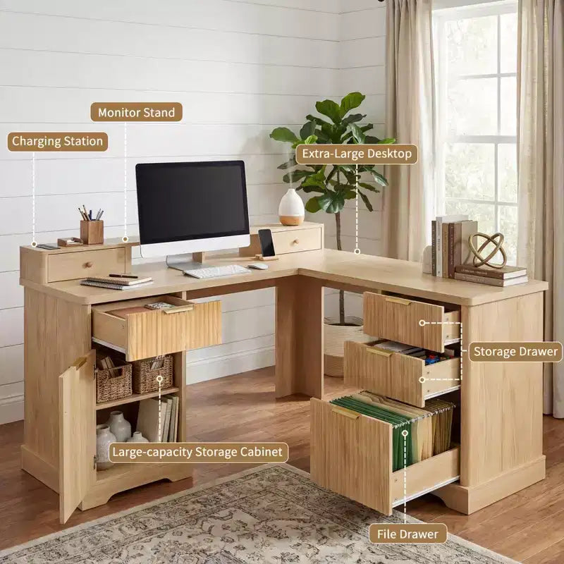 Bureau de direction 59, bureau d'angle à domicile avec station de charge, bureau d'ordinateur en bois pour l'étude, table de conférence pour le salon