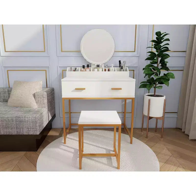 Coiffeuse moderne pour filles Okak avec pieds en métal et miroir rond, coiffeuse avec tabouret rembourré, table de maquillage pour petite chambre, blanc antique