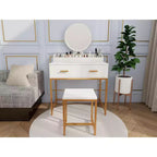 Coiffeuse moderne pour filles Okak avec pieds en métal et miroir rond, coiffeuse avec tabouret rembourré, table de maquillage pour petite chambre, blanc antique