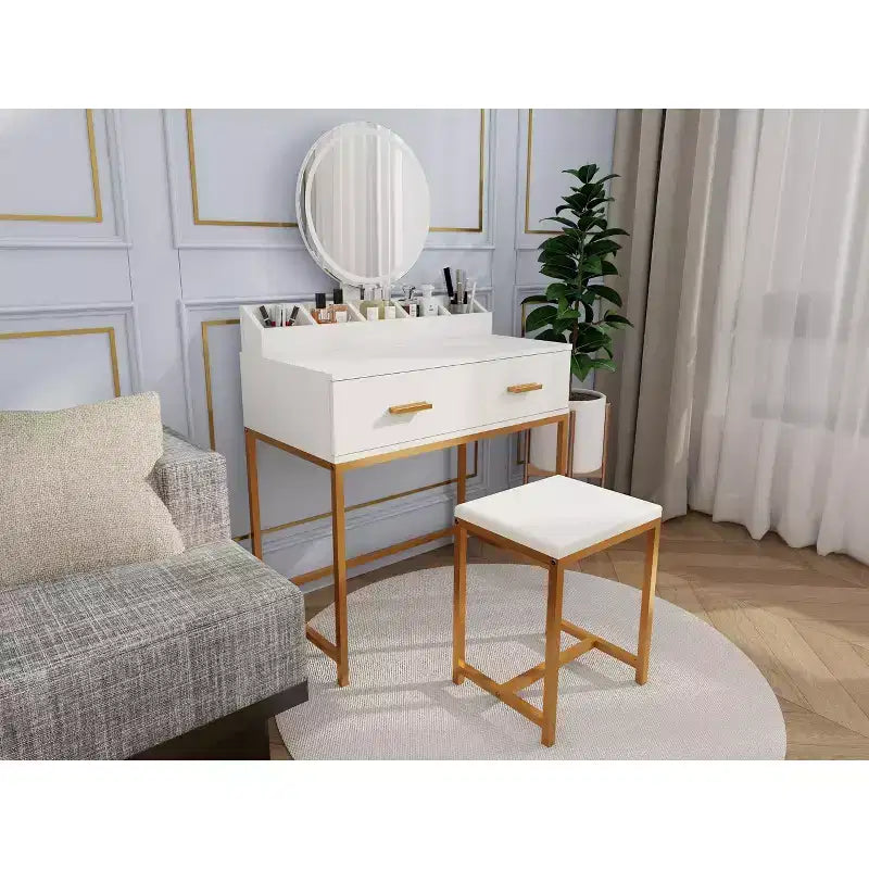 Coiffeuse moderne pour filles Okak avec pieds en métal et miroir rond, coiffeuse avec tabouret rembourré, table de maquillage pour petite chambre, blanc antique