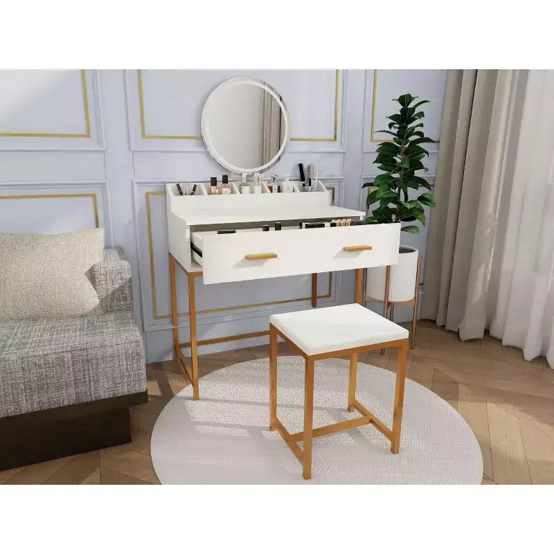 Coiffeuse moderne pour filles Okak avec pieds en métal et miroir rond, coiffeuse avec tabouret rembourré, table de maquillage pour petite chambre, blanc antique