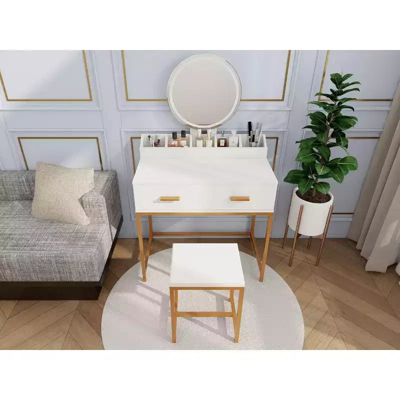 Coiffeuse moderne pour filles Okak avec pieds en métal et miroir rond, coiffeuse avec tabouret rembourré, table de maquillage pour petite chambre, blanc antique
