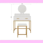 Coiffeuse moderne pour filles Okak avec pieds en métal et miroir rond, coiffeuse avec tabouret rembourré, table de maquillage pour petite chambre, blanc antique