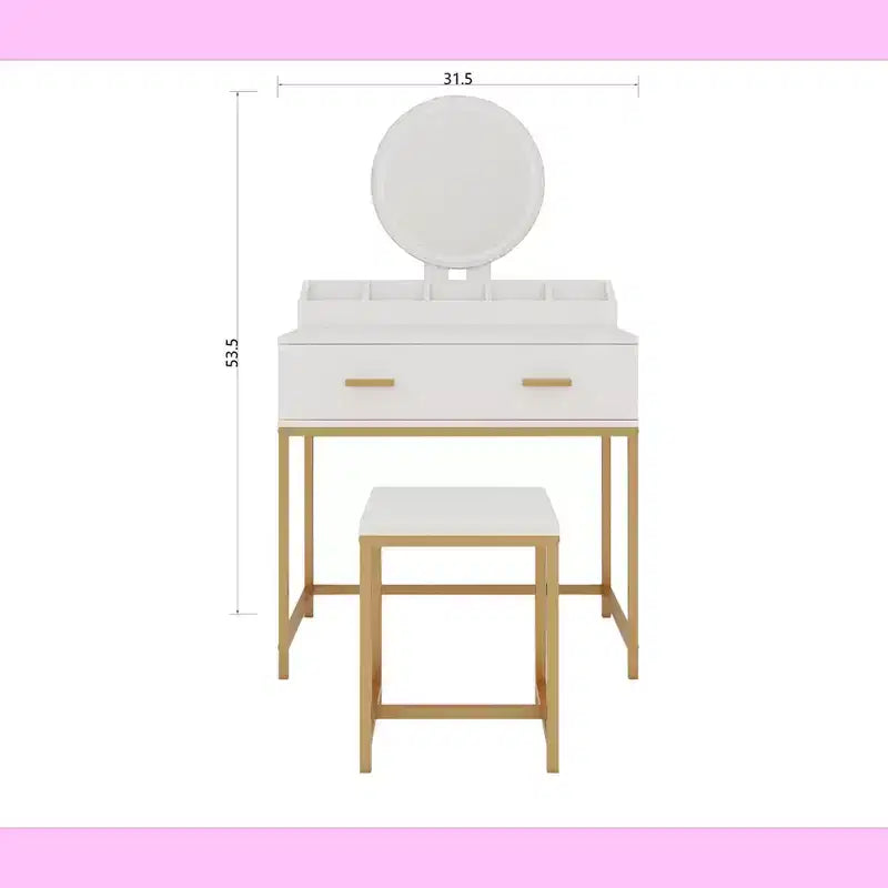 Coiffeuse moderne pour filles Okak avec pieds en métal et miroir rond, coiffeuse avec tabouret rembourré, table de maquillage pour petite chambre, blanc antique