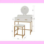 Coiffeuse moderne pour filles Okak avec pieds en métal et miroir rond, coiffeuse avec tabouret rembourré, table de maquillage pour petite chambre, blanc antique