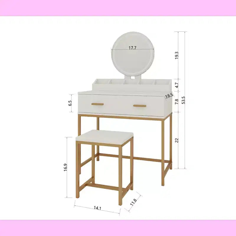 Coiffeuse moderne pour filles Okak avec pieds en métal et miroir rond, coiffeuse avec tabouret rembourré, table de maquillage pour petite chambre, blanc antique