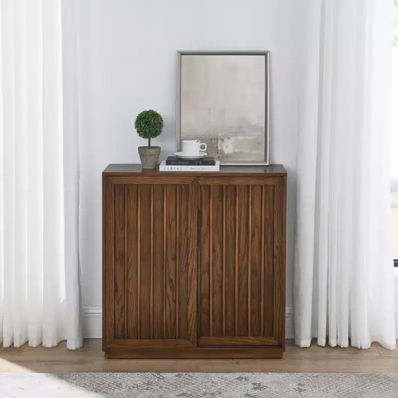 JVNOXK 31-inch Medieval-Style Sideboard with Two Sliding Doors and Solid Wood Trim, Suitable for Living Rooms and Kitchens, Walnut Finish