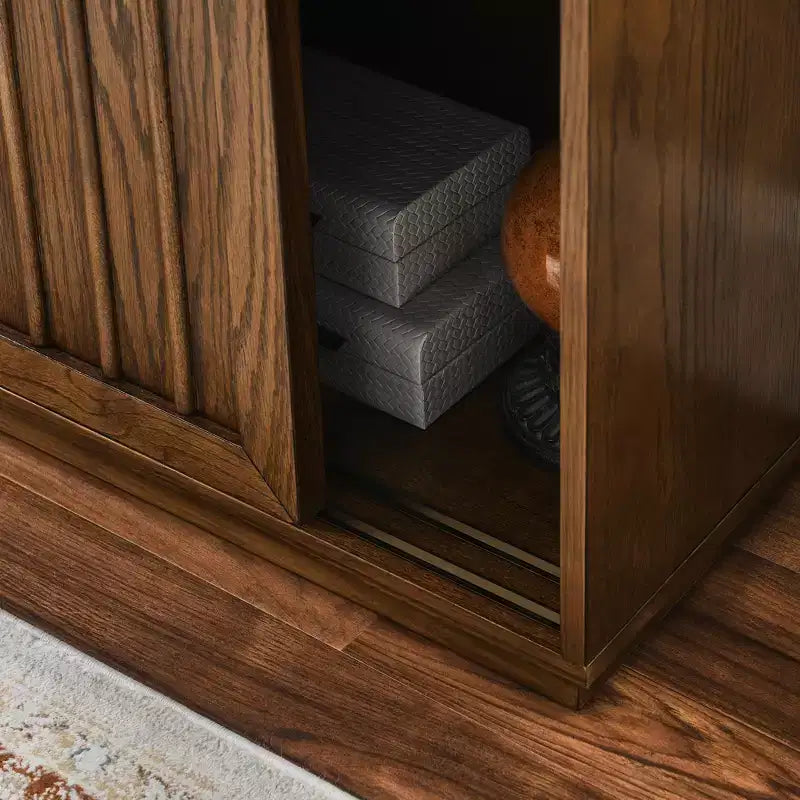 JVNOXK Buffet de style médiéval de 31 pouces avec deux portes coulissantes et garniture en bois massif, convient aux salons et cuisines, finition noyer