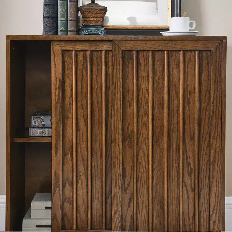 JVNOXK Buffet de style médiéval de 31 pouces avec deux portes coulissantes et garniture en bois massif, convient aux salons et cuisines, finition noyer