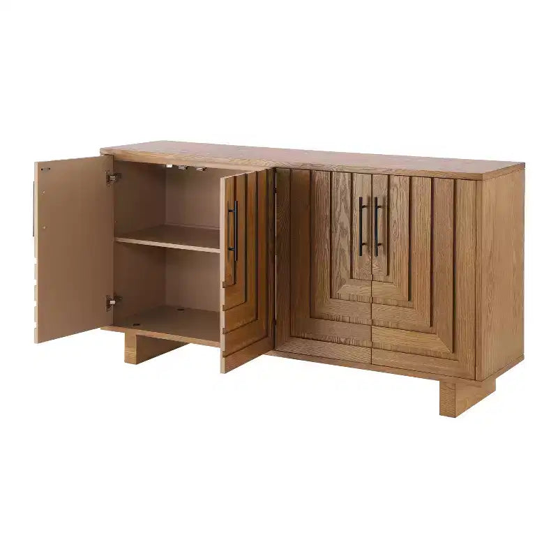 JVNOXK Buffet moderne à 4 portes en MDF et placage de frêne, doté de poignées métalliques et de finitions naturelles, parfait pour les salles à manger