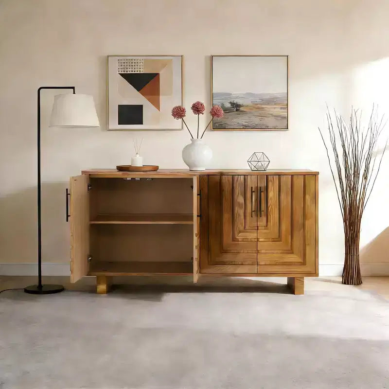 JVNOXK Buffet moderne à 4 portes en MDF et placage de frêne, doté de poignées métalliques et de finitions naturelles, parfait pour les salles à manger