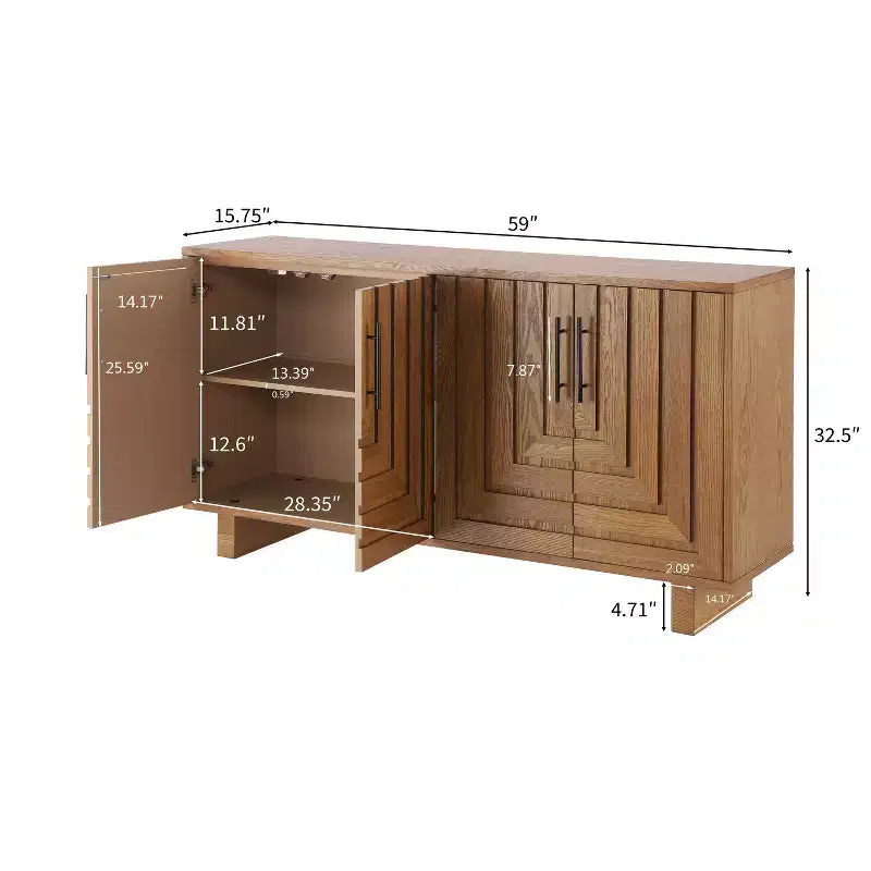 JVNOXK Buffet moderne à 4 portes en MDF et placage de frêne, doté de poignées métalliques et de finitions naturelles, parfait pour les salles à manger