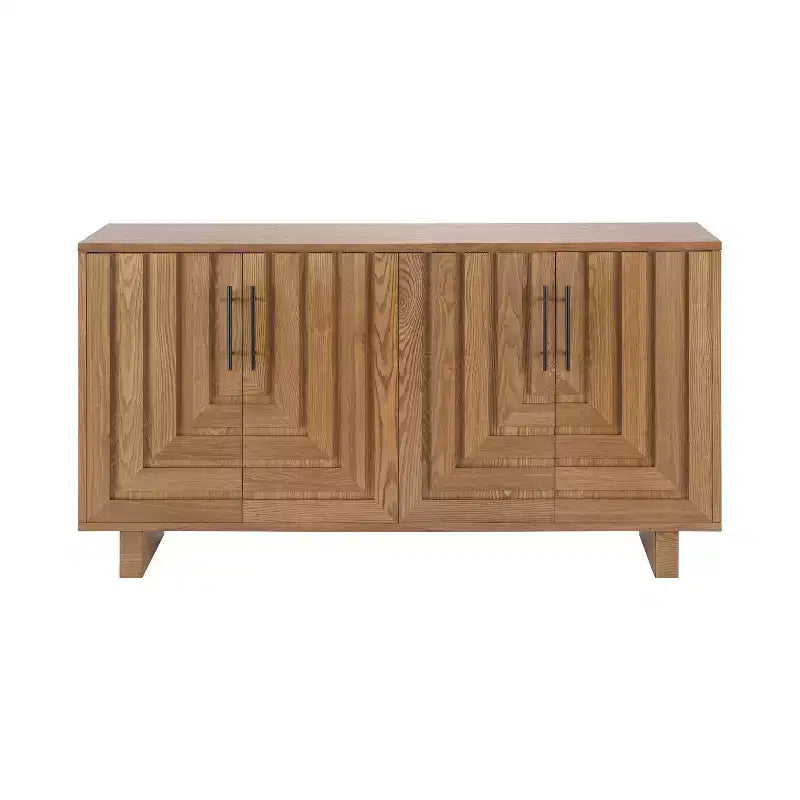 JVNOXK Buffet moderne à 4 portes en MDF et placage de frêne, doté de poignées métalliques et de finitions naturelles, parfait pour les salles à manger