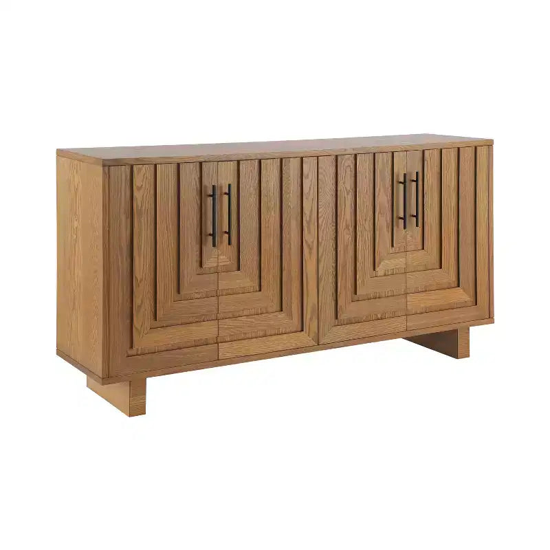 JVNOXK Buffet moderne à 4 portes en MDF et placage de frêne, doté de poignées métalliques et de finitions naturelles, parfait pour les salles à manger