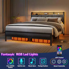 Cadre de lit plateforme Queen Size, tête de lit rembourrée, lumières LED, station de charge, support métallique robuste, pas besoin de sommier tapissier, chambre moderne USB