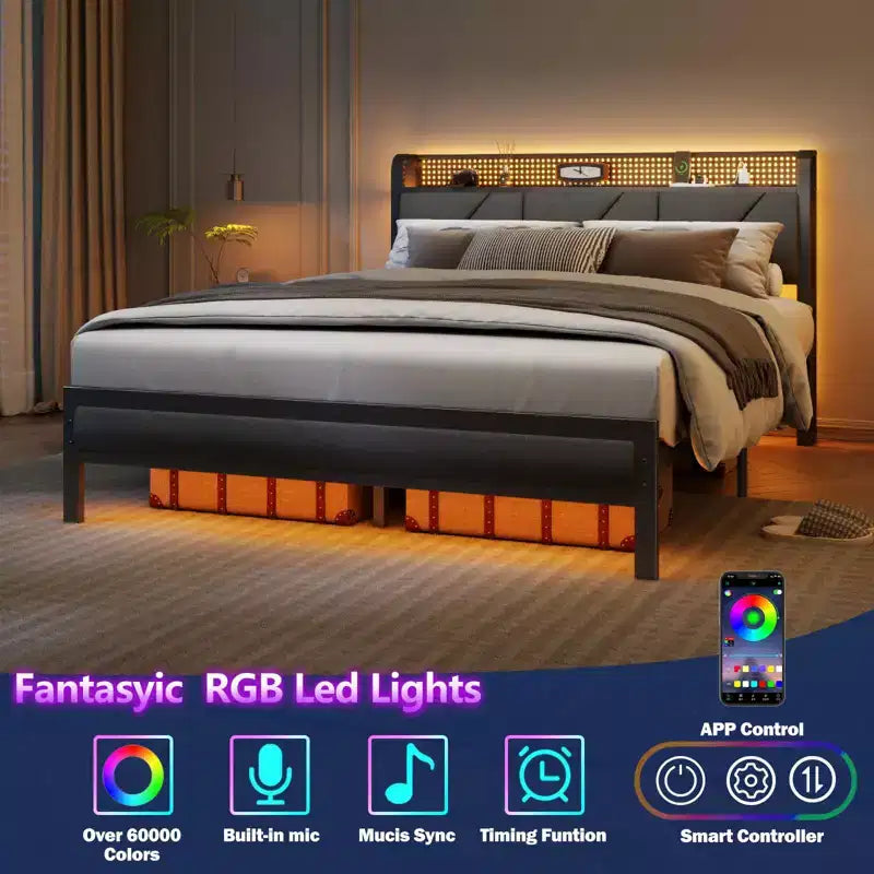 Cadre de lit plateforme Queen Size, tête de lit rembourrée, lumières LED, station de charge, support métallique robuste, pas besoin de sommier tapissier, chambre moderne USB