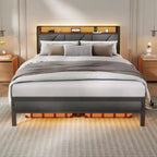 Cadre de lit plateforme Queen Size, tête de lit rembourrée, lumières LED, station de charge, support métallique robuste, pas besoin de sommier tapissier, chambre moderne USB