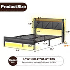 Cadre de lit plateforme Queen Size, tête de lit rembourrée, lumières LED, station de charge, support métallique robuste, pas besoin de sommier tapissier, chambre moderne USB