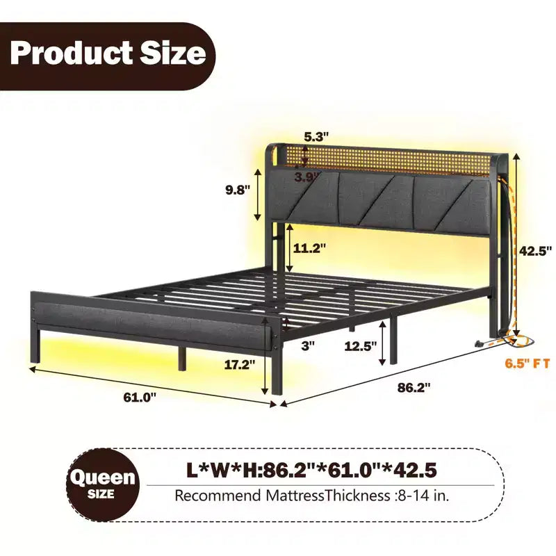 Cadre de lit plateforme Queen Size, tête de lit rembourrée, lumières LED, station de charge, support métallique robuste, pas besoin de sommier tapissier, chambre moderne USB