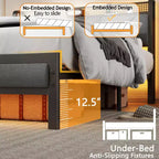 Cadre de lit plateforme Queen Size, tête de lit rembourrée, lumières LED, station de charge, support métallique robuste, pas besoin de sommier tapissier, chambre moderne USB