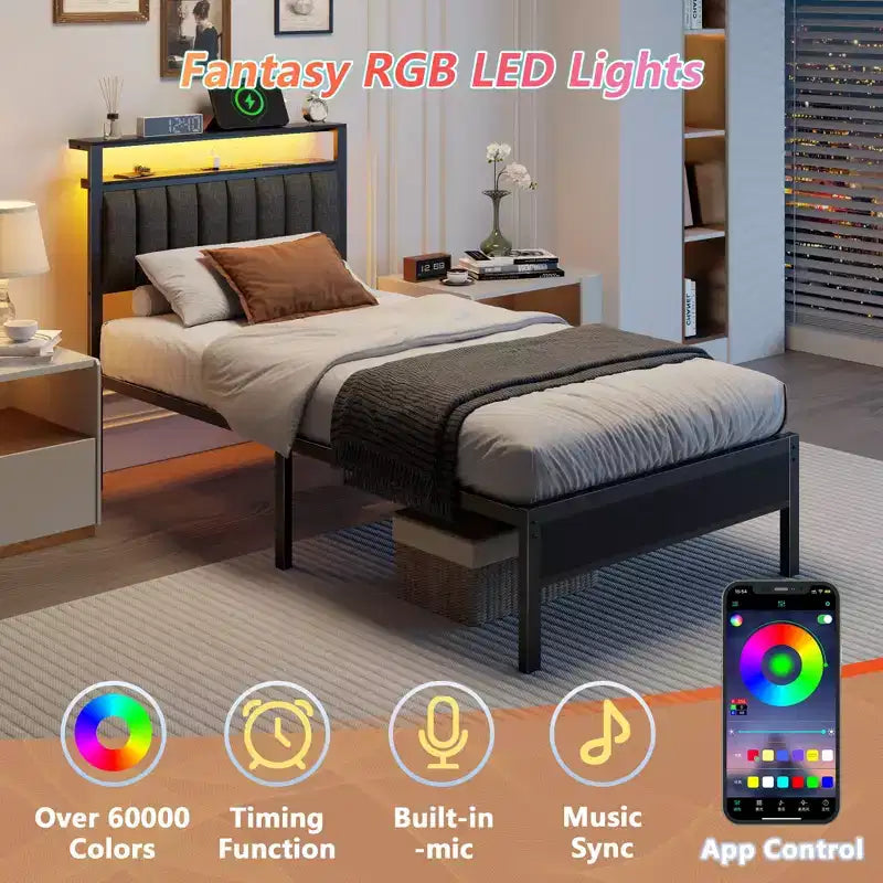 Cadre de lit plateforme rembourré double lumières LED Station de recharge 2 étagères de rangement Tête de lit en métal gris Aucun sommier requis pour jeux dortoir