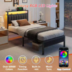 Cadre de lit plateforme rembourré double lumières LED Station de recharge 2 étagères de rangement Tête de lit en métal gris Aucun sommier requis pour jeux dortoir