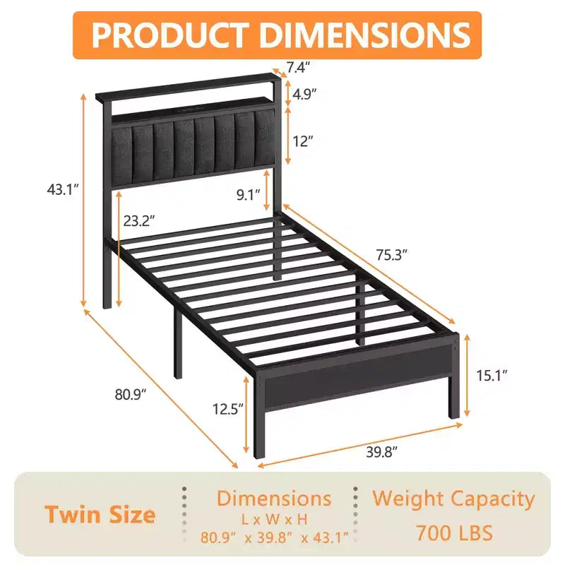Cadre de lit plateforme rembourré double lumières LED Station de recharge 2 étagères de rangement Tête de lit en métal gris Aucun sommier requis pour jeux dortoir