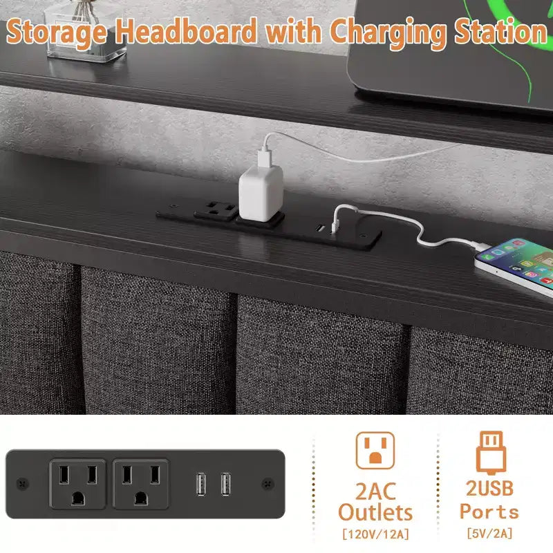 Cadre de lit plateforme rembourré double lumières LED Station de recharge 2 étagères de rangement Tête de lit en métal gris Aucun sommier requis pour jeux dortoir