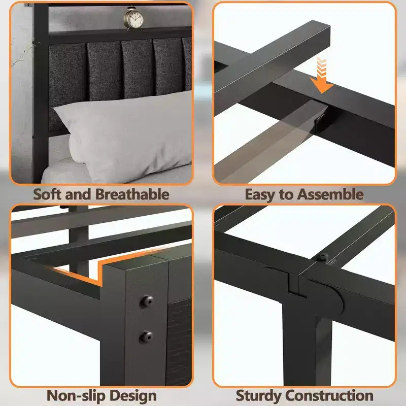 Cadre de lit plateforme rembourré double lumières LED Station de recharge 2 étagères de rangement Tête de lit en métal gris Aucun sommier requis pour jeux dortoir