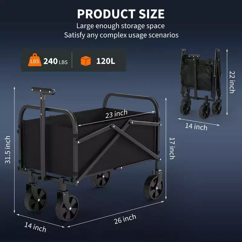 Chariot utilitaire pliable avec roues tout-terrain et poignée réglable – Capacité de 109 kg pour le shopping, le camping et le jardin – Noir