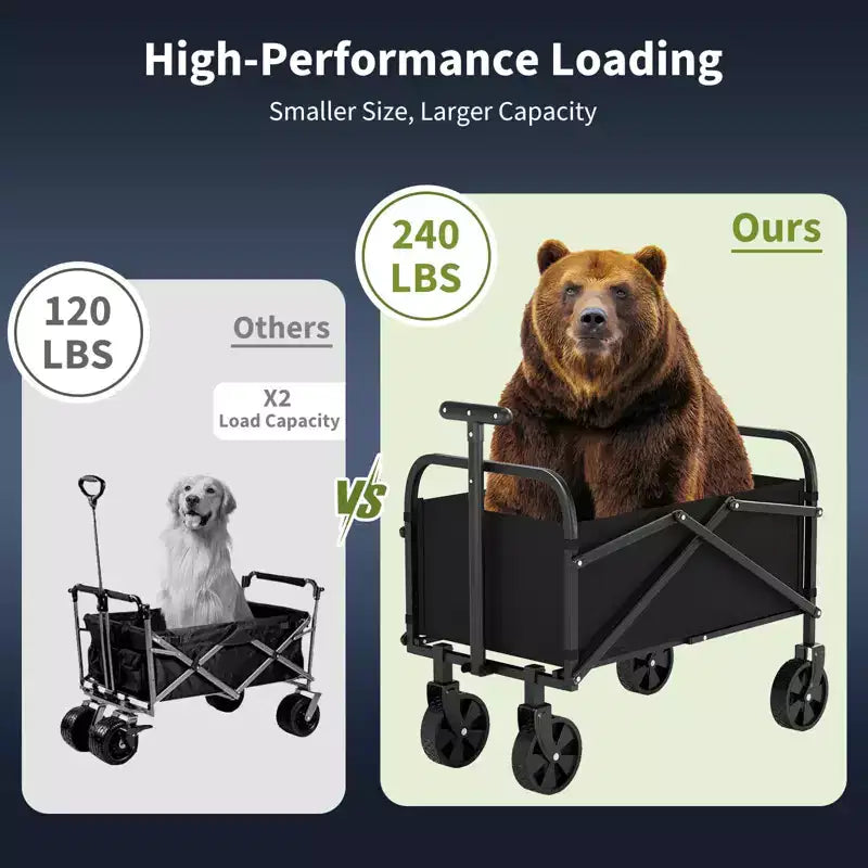 Chariot utilitaire pliable avec roues tout-terrain et poignée réglable – Capacité de 109 kg pour le shopping, le camping et le jardin – Noir