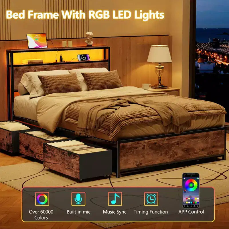 Cadre de lit double industriel avec 6 tiroirs de rangement, lumières LED, station de recharge, tête de lit à 2 étagères, en métal robuste, sans sommier tapissier