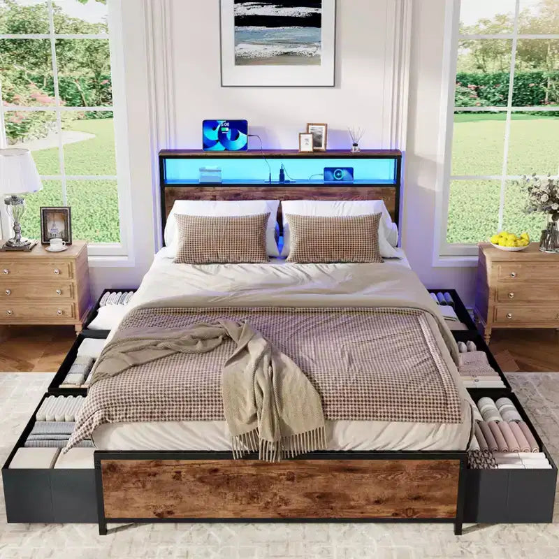 Cadre de lit double industriel avec 6 tiroirs de rangement, lumières LED, station de recharge, tête de lit à 2 étagères, en métal robuste, sans sommier tapissier