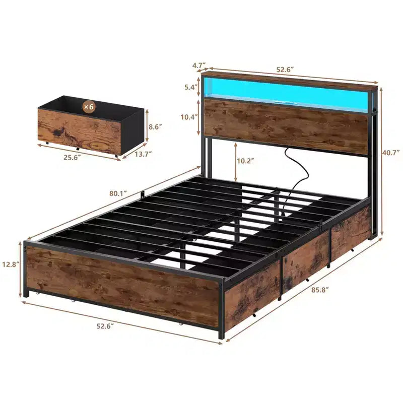 Cadre de lit double industriel avec 6 tiroirs de rangement, lumières LED, station de recharge, tête de lit à 2 étagères, en métal robuste, sans sommier tapissier