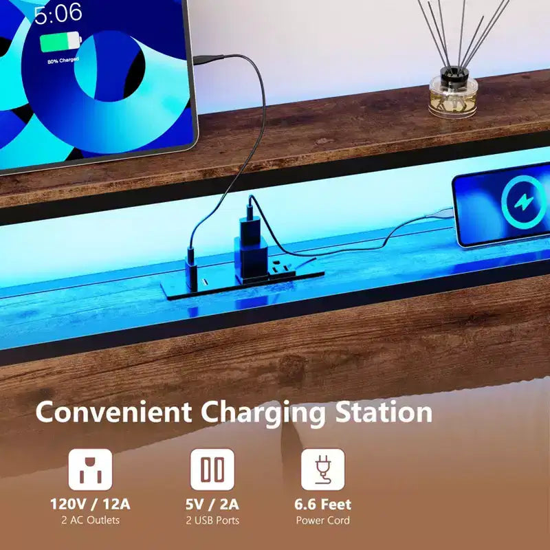 Cadre de lit double industriel avec 6 tiroirs de rangement, lumières LED, station de recharge, tête de lit à 2 étagères, en métal robuste, sans sommier tapissier